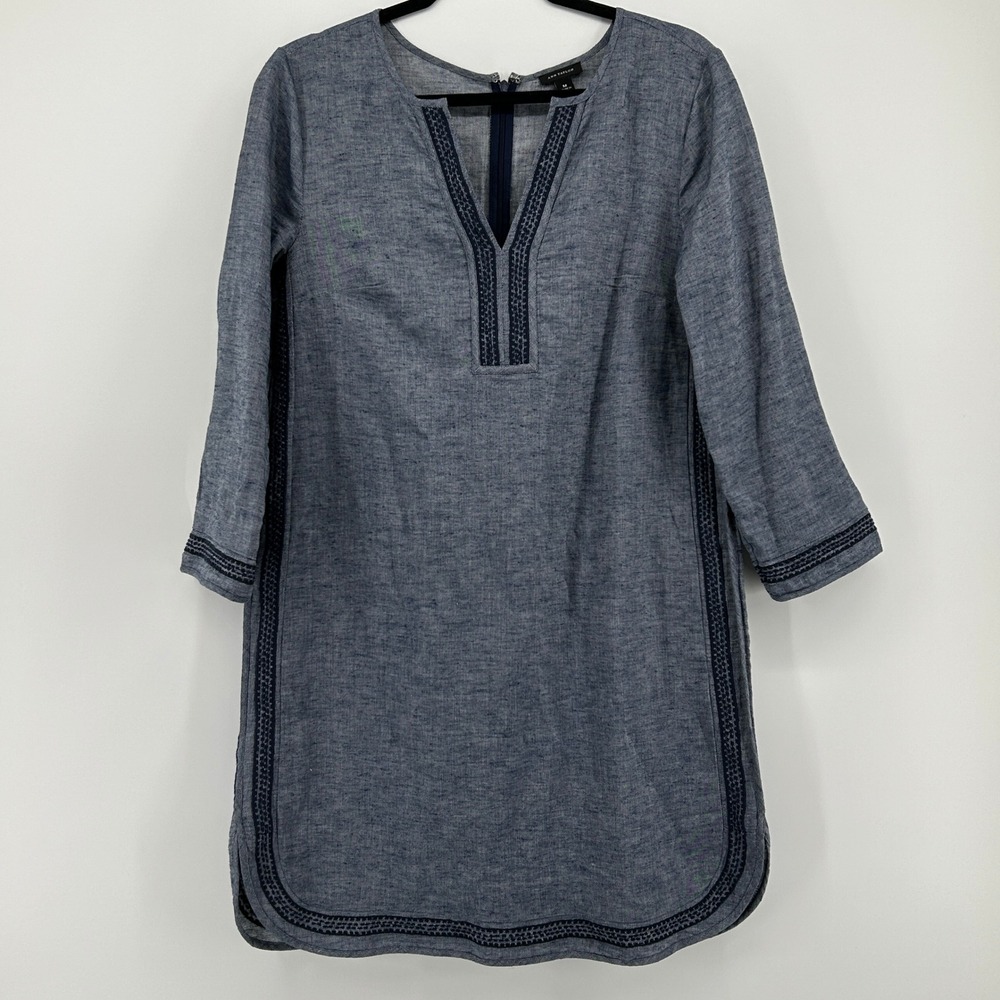 Ann Taylor Blue Cotton Linen Embroidered Split‎ Neck Tunic Dress M Coastal Boho